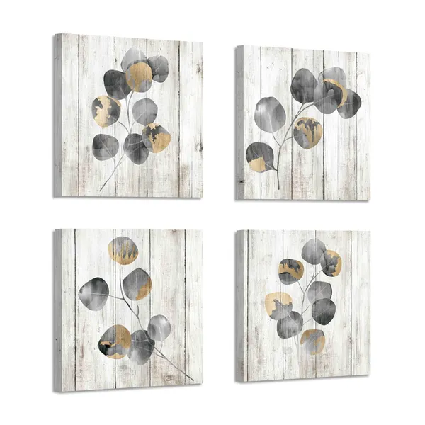 Multicolor_Leaf_Artwork_Botanical_Canvas_Print:_Gray_Leaves_Painting_Wall_Art_|_For_Bathroom_(12''_x_12''_x_4_Panels)