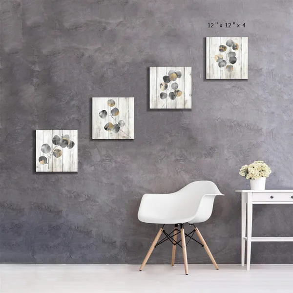 Multicolor_Leaf_Artwork_Botanical_Canvas_Print:_Gray_Leaves_Painting_Wall_Art_|_For_Bathroom_(12''_x_12''_x_4_Panels)