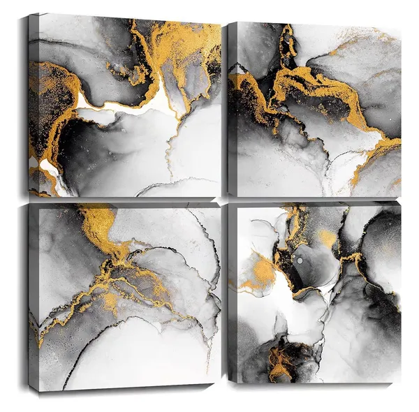 Multicolor_Oilpa_Art_Abstract_Wall_Art_Canvas_White_and_Gold_|_For_Bathroom_Decor_12x12_Modern_Abstract_Canvas_Painting_Watercolor_Picture_Framed_Artwork_Kitchen_Home_Decor_4_Pieces_Set