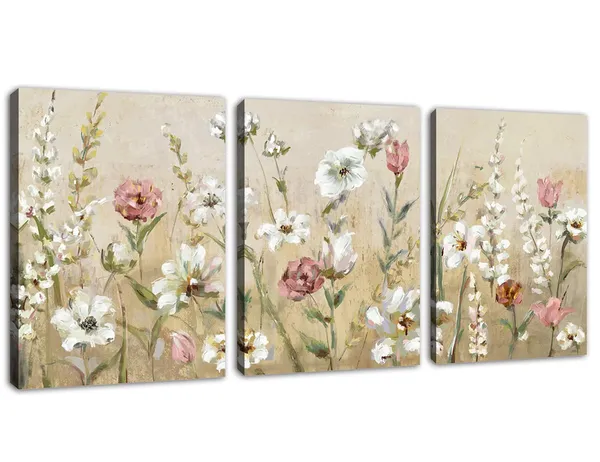 Multicolor_Flowers_Wall_Art_Pink_White_Canvas_Art_Modern_Floral_Canvas_Picture_Contemporary_Canvas_Artwork_|_For_Bedroom_Living_Room_Bathroom_Kitchen_Home_Office_Wall_Decor_Framed_Ready_to_Hang_36"W_x_16"H