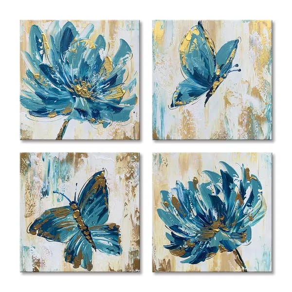 Multicolor_Hand-painted_Blue_Butterfly_Wall_Art_Flower_Oil_Painting_on_Canvas_Gold_Texture_Floral_Artwork
