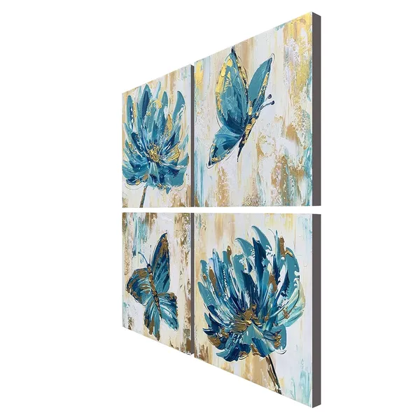 Multicolor_Hand-painted_Blue_Butterfly_Wall_Art_Flower_Oil_Painting_on_Canvas_Gold_Texture_Floral_Artwork