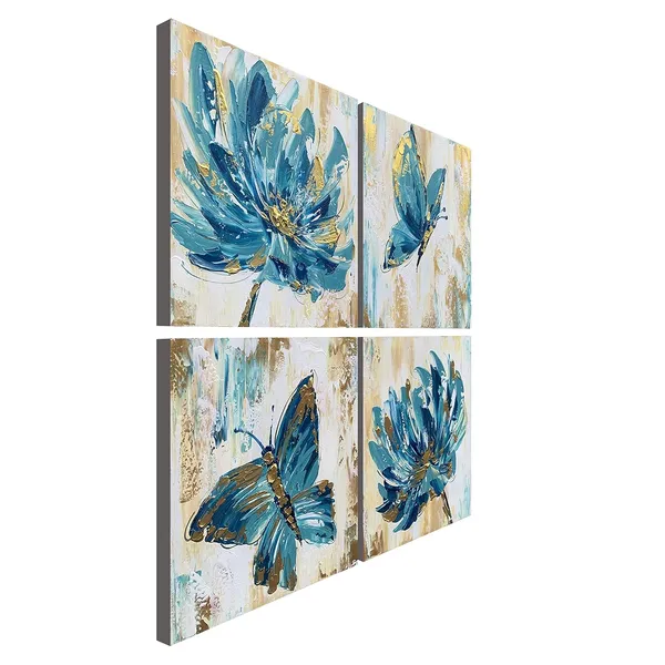 Multicolor_Hand-painted_Blue_Butterfly_Wall_Art_Flower_Oil_Painting_on_Canvas_Gold_Texture_Floral_Artwork