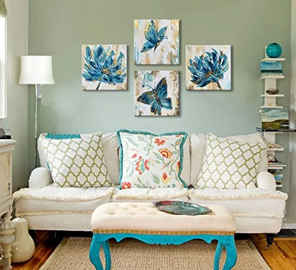 Multicolor_Hand-painted_Blue_Butterfly_Wall_Art_Flower_Oil_Painting_on_Canvas_Gold_Texture_Floral_Artwork