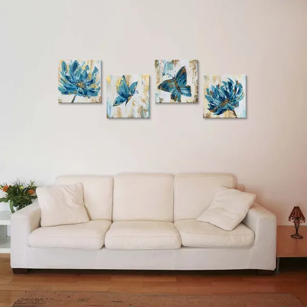 Multicolor_Hand-painted_Blue_Butterfly_Wall_Art_Flower_Oil_Painting_on_Canvas_Gold_Texture_Floral_Artwork