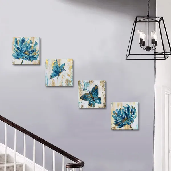 Multicolor_Hand-painted_Blue_Butterfly_Wall_Art_Flower_Oil_Painting_on_Canvas_Gold_Texture_Floral_Artwork