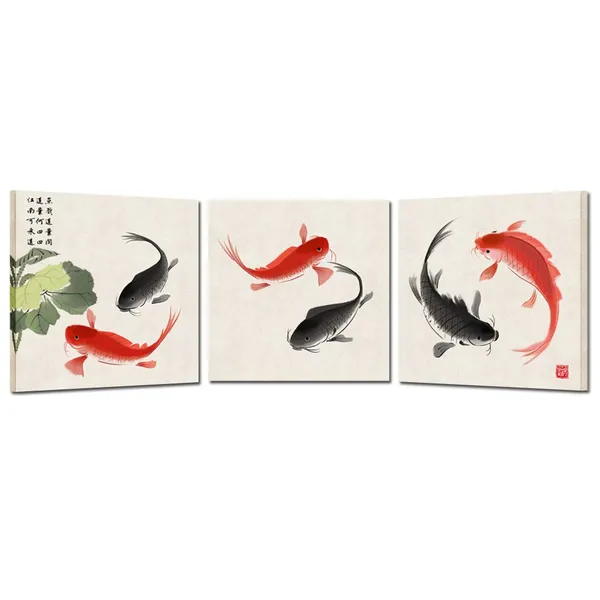 Multicolor_Kreative_Arts_Happy_Fish_3_Piece_Giclee_Canvas_Prints_Wall_Art_Animals_Pictures_Traditional_Chinese_Paintings_|_For_Bedroom_Kitchen_Bathroom_Home_Decorations_Ready_to_Hang_(12x12inchx3pcs)
