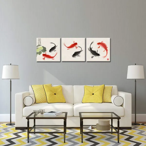Multicolor_Kreative_Arts_Happy_Fish_3_Piece_Giclee_Canvas_Prints_Wall_Art_Animals_Pictures_Traditional_Chinese_Paintings_|_For_Bedroom_Kitchen_Bathroom_Home_Decorations_Ready_to_Hang_(12x12inchx3pcs)