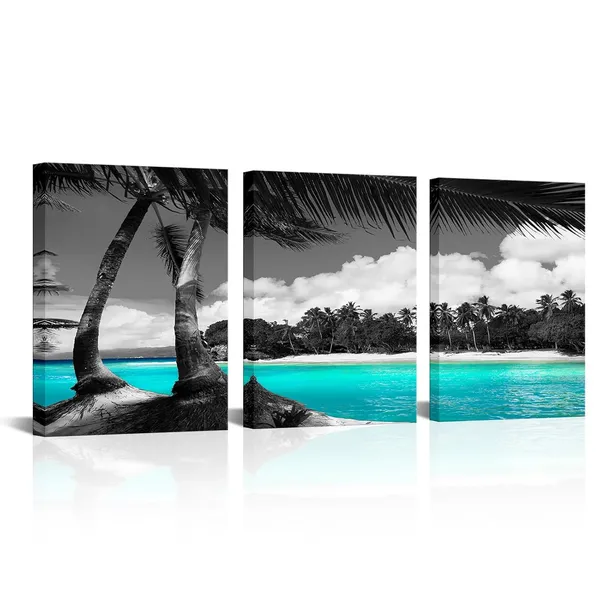 Multicolor_3_Panels_Teal_Canvas_Wall_Art_Black_and_White_Hawaii_Beach_Pictures_Tropical_Palm_Tree_Artwork_Giclee_Prints_|_For_Bathroom_Office_Wall_Decoration_Framed_Ready_to_Hang_Each_Piece_12"x16"