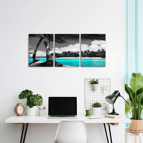Multicolor_3_Panels_Teal_Canvas_Wall_Art_Black_and_White_Hawaii_Beach_Pictures_Tropical_Palm_Tree_Artwork_Giclee_Prints_|_For_Bathroom_Office_Wall_Decoration_Framed_Ready_to_Hang_Each_Piece_12"x16"
