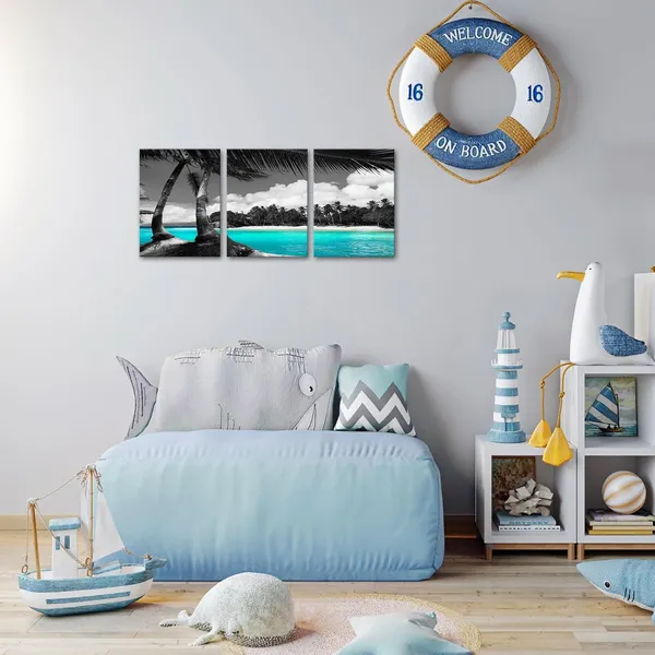 Multicolor_3_Panels_Teal_Canvas_Wall_Art_Black_and_White_Hawaii_Beach_Pictures_Tropical_Palm_Tree_Artwork_Giclee_Prints_|_For_Bathroom_Office_Wall_Decoration_Framed_Ready_to_Hang_Each_Piece_12"x16"
