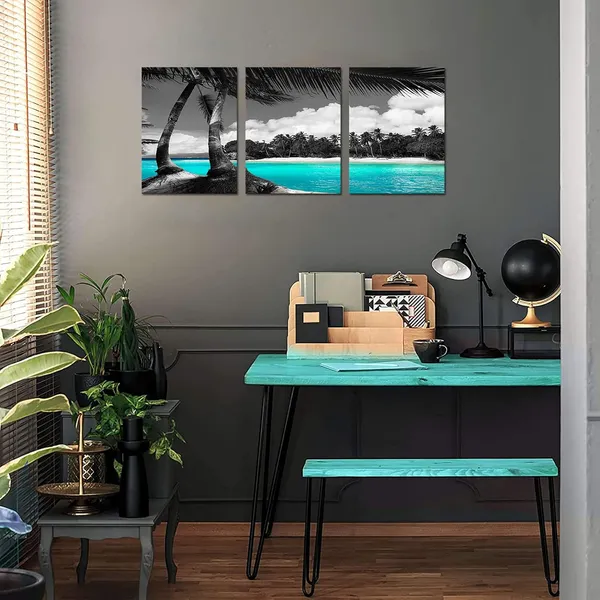 Multicolor_3_Panels_Teal_Canvas_Wall_Art_Black_and_White_Hawaii_Beach_Pictures_Tropical_Palm_Tree_Artwork_Giclee_Prints_|_For_Bathroom_Office_Wall_Decoration_Framed_Ready_to_Hang_Each_Piece_12"x16"