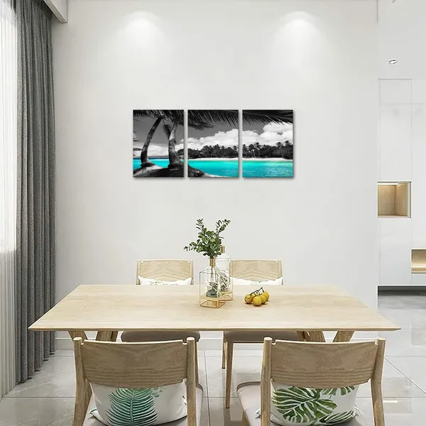Multicolor_3_Panels_Teal_Canvas_Wall_Art_Black_and_White_Hawaii_Beach_Pictures_Tropical_Palm_Tree_Artwork_Giclee_Prints_|_For_Bathroom_Office_Wall_Decoration_Framed_Ready_to_Hang_Each_Piece_12"x16"