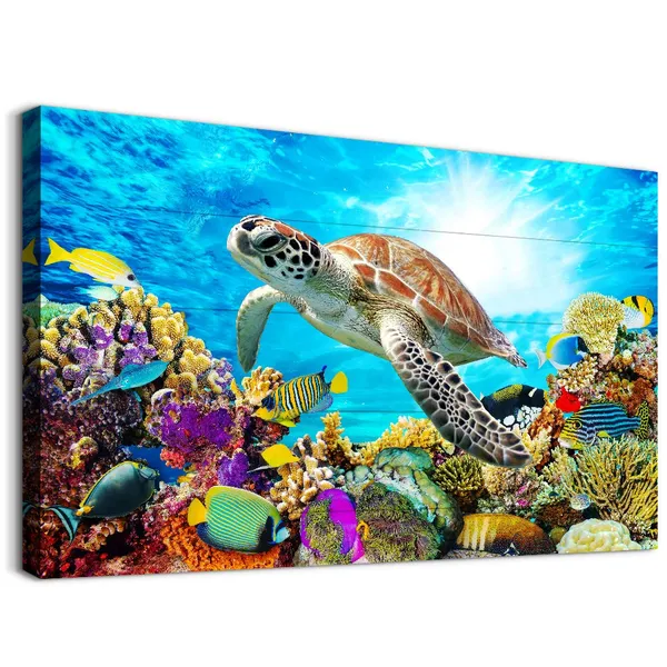 Multicolor_Farmhouse_Canvas_Wall_Art_|_For_Living_Room_Bathroom,_Wall_Decor_|_For_Bedroom_Kitchen_Artwork_Canvas_Prints_Modern_Office_Home_Decorations_Family_Turtle_Picture_Bathroom_Wall_Decor_Ocean_16x12_inch
