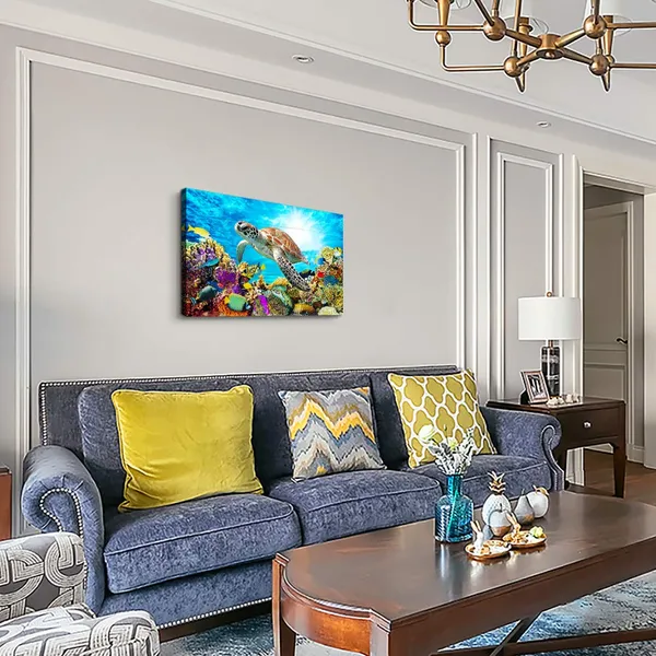 Multicolor_Farmhouse_Canvas_Wall_Art_|_For_Living_Room_Bathroom,_Wall_Decor_|_For_Bedroom_Kitchen_Artwork_Canvas_Prints_Modern_Office_Home_Decorations_Family_Turtle_Picture_Bathroom_Wall_Decor_Ocean_16x12_inch