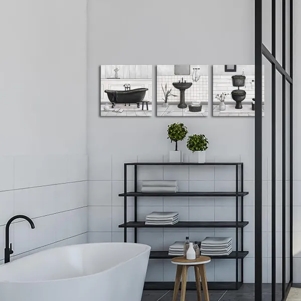 Multicolor_Bathroom_Wall_Art_Bath_Tub_Painting_Picture_Bathroom_Wall_Decor_Framed_Ready_to_Hang_12x12inchx3_(Black_and_Gold)
