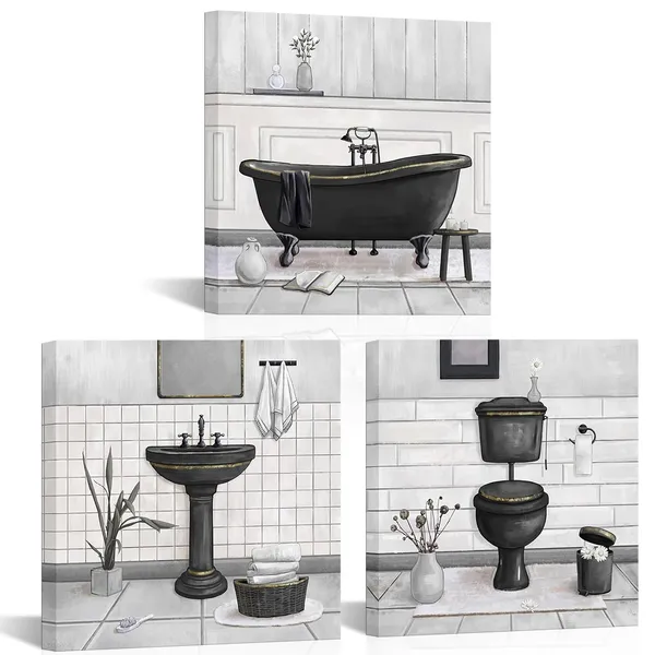 Multicolor_Bathroom_Wall_Art_Bath_Tub_Painting_Picture_Bathroom_Wall_Decor_Framed_Ready_to_Hang_12x12inchx3_(Black_and_Gold)