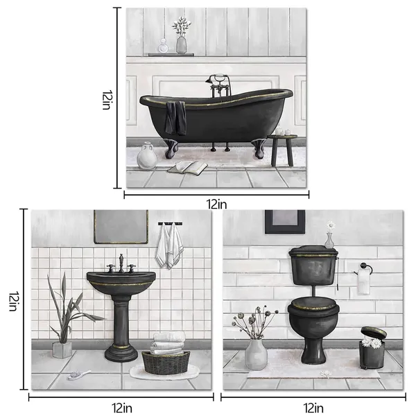 Multicolor_Bathroom_Wall_Art_Bath_Tub_Painting_Picture_Bathroom_Wall_Decor_Framed_Ready_to_Hang_12x12inchx3_(Black_and_Gold)