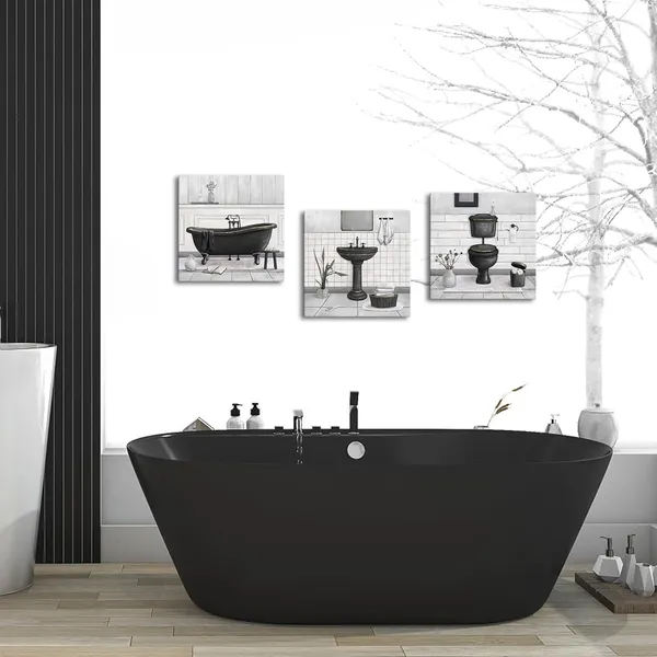 Multicolor_Bathroom_Wall_Art_Bath_Tub_Painting_Picture_Bathroom_Wall_Decor_Framed_Ready_to_Hang_12x12inchx3_(Black_and_Gold)