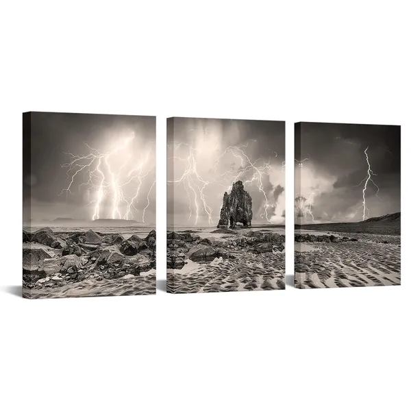 Multicolor_Lightning_Canvas_Wall_Art_Sepia_Rocky_Beach_Picture_Photo_Prints_Vintage_Seascape_Painting_|_For_Bathroom_Decor