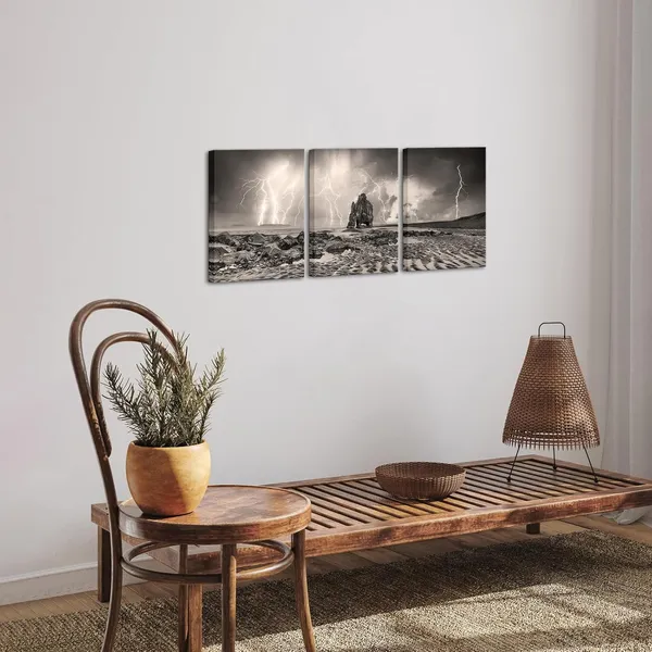 Multicolor_Lightning_Canvas_Wall_Art_Sepia_Rocky_Beach_Picture_Photo_Prints_Vintage_Seascape_Painting_|_For_Bathroom_Decor
