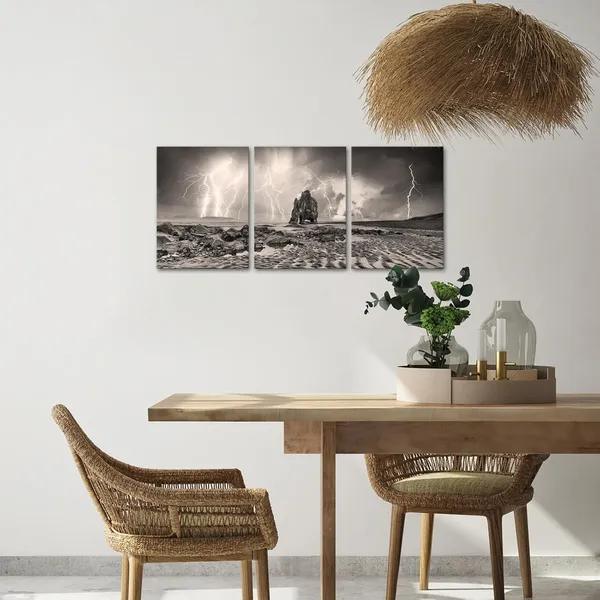 Multicolor_Lightning_Canvas_Wall_Art_Sepia_Rocky_Beach_Picture_Photo_Prints_Vintage_Seascape_Painting_|_For_Bathroom_Decor