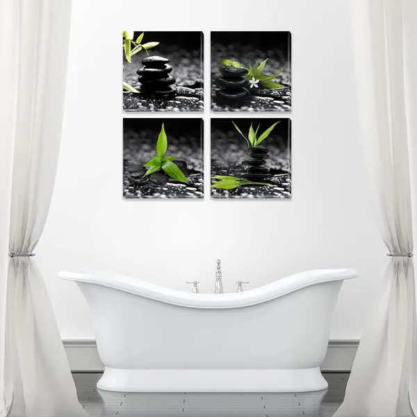 Multicolor_Black_and_White_Zen_Stone_Wall_Art_Green_Canvas_Pictures_Artwork_Still_Life_Bathroom_D??or_Relax_Calm_Art_Prints_Painting_|_For_Bedroom_Wall_D??or_12"x12"