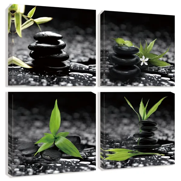 Multicolor_Black_and_White_Zen_Stone_Wall_Art_Green_Canvas_Pictures_Artwork_Still_Life_Bathroom_D??or_Relax_Calm_Art_Prints_Painting_|_For_Bedroom_Wall_D??or_12"x12"