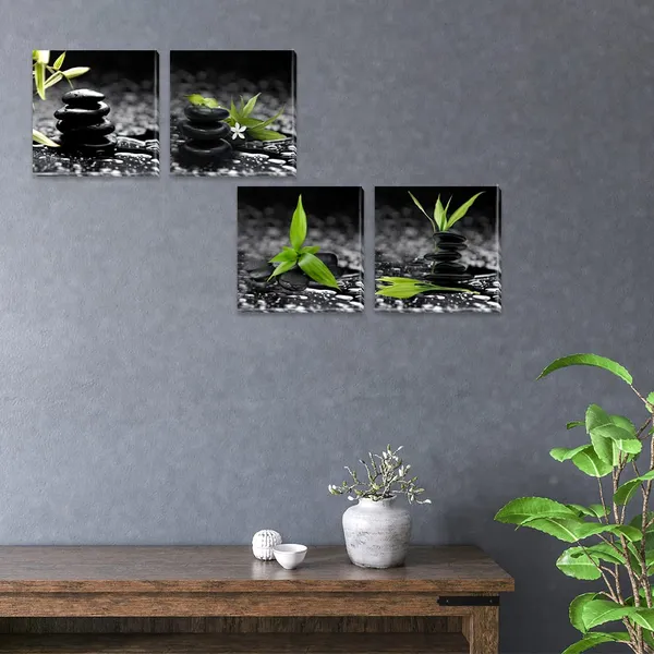 Multicolor_Black_and_White_Zen_Stone_Wall_Art_Green_Canvas_Pictures_Artwork_Still_Life_Bathroom_D??or_Relax_Calm_Art_Prints_Painting_|_For_Bedroom_Wall_D??or_12"x12"