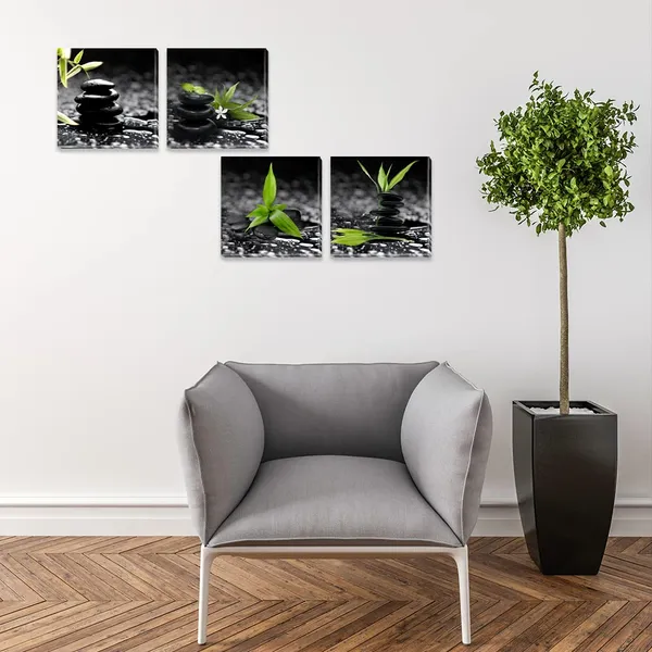 Multicolor_Black_and_White_Zen_Stone_Wall_Art_Green_Canvas_Pictures_Artwork_Still_Life_Bathroom_D??or_Relax_Calm_Art_Prints_Painting_|_For_Bedroom_Wall_D??or_12"x12"
