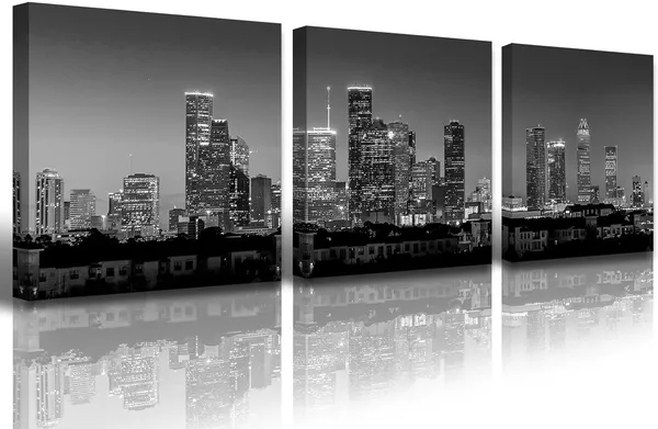 Multicolor_Houston_Skyline_Wall_Art_-_Black_and_White_Cityscape_Panoramic_Texas_Texans_Pictures_Print_on_Canvas_Decoration_3_Panel_|_For_Living_Room_Bedroom_Office_Bathroom_Home_Decor_Stretched_and_Framed