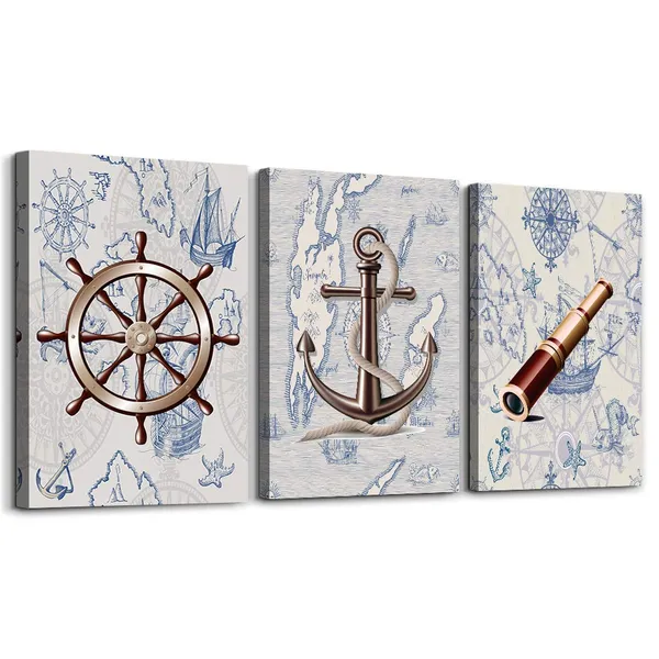 Multicolor_ocean_theme_steering_wheel_telescope_ship_pendant_Canvas_Prints_bathroom_Wall_Art_|_For_Bedroom_Wall_decor_Artworks_Pictures_wall_decorations_|_For_living_room,3_piece_Home_decor_kitchen_wall_paintings