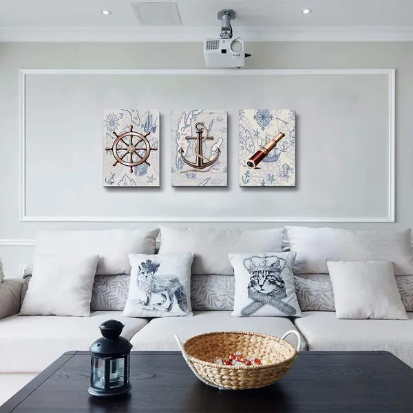 Multicolor_ocean_theme_steering_wheel_telescope_ship_pendant_Canvas_Prints_bathroom_Wall_Art_|_For_Bedroom_Wall_decor_Artworks_Pictures_wall_decorations_|_For_living_room,3_piece_Home_decor_kitchen_wall_paintings
