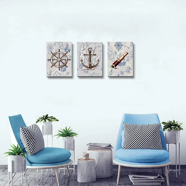 Multicolor_ocean_theme_steering_wheel_telescope_ship_pendant_Canvas_Prints_bathroom_Wall_Art_|_For_Bedroom_Wall_decor_Artworks_Pictures_wall_decorations_|_For_living_room,3_piece_Home_decor_kitchen_wall_paintings