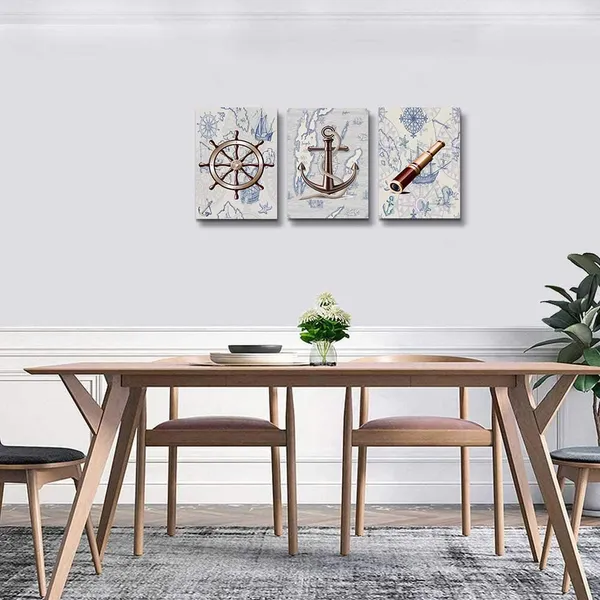 Multicolor_ocean_theme_steering_wheel_telescope_ship_pendant_Canvas_Prints_bathroom_Wall_Art_|_For_Bedroom_Wall_decor_Artworks_Pictures_wall_decorations_|_For_living_room,3_piece_Home_decor_kitchen_wall_paintings
