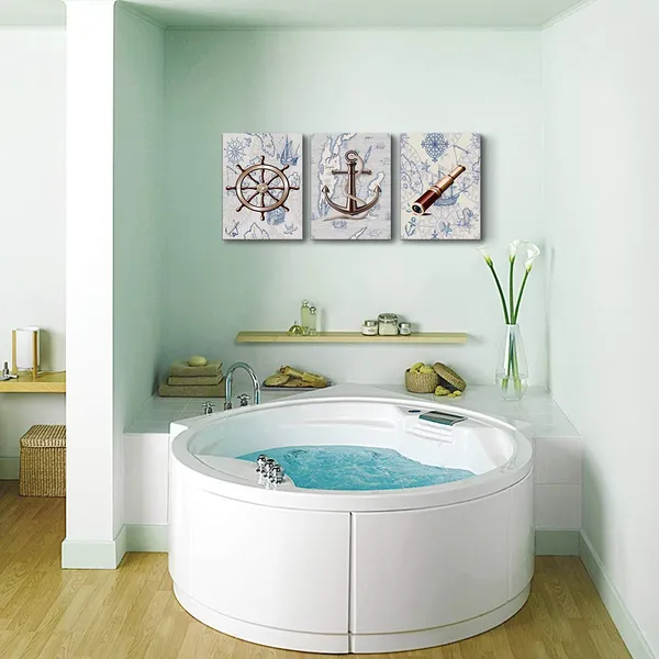Multicolor_ocean_theme_steering_wheel_telescope_ship_pendant_Canvas_Prints_bathroom_Wall_Art_|_For_Bedroom_Wall_decor_Artworks_Pictures_wall_decorations_|_For_living_room,3_piece_Home_decor_kitchen_wall_paintings