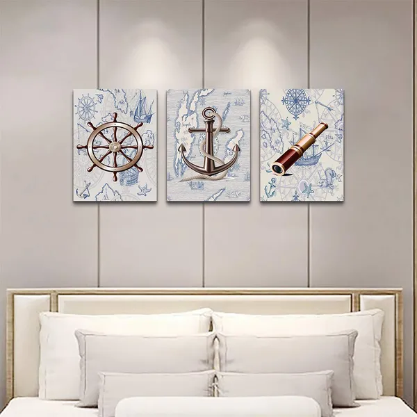 Multicolor_ocean_theme_steering_wheel_telescope_ship_pendant_Canvas_Prints_bathroom_Wall_Art_|_For_Bedroom_Wall_decor_Artworks_Pictures_wall_decorations_|_For_living_room,3_piece_Home_decor_kitchen_wall_paintings