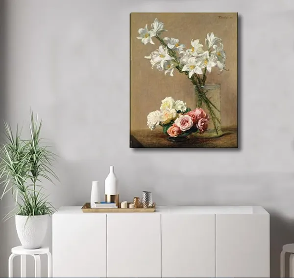 Multicolor_Roses_and_Lilies_Flowers_Famous_Painting_by_Henri_Fantin_Latour_Canvas_Wall_Art,_Vintage_Floral_Picture_Artwork_Print_|_For_Living_Room,_Bedroom_Bathroom_Room_Home_Decor