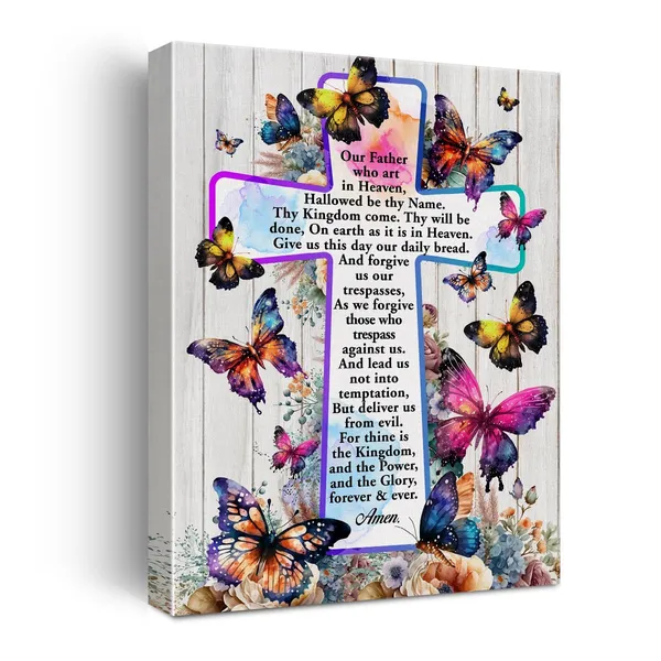 Multicolor_Inspirational_Motivational_Christian_Poster_Canvas_Wall_Art_|_For_Home_Decor_Positive_the_Lord's_Prayer_Floral_Butterflies_Cross_Canvas_Print_Painting_Framed_Gifts_-_Easel_&_Hanging_Hook_12_x_16_Inch
