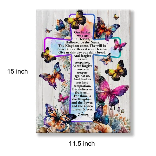 Multicolor_Inspirational_Motivational_Christian_Poster_Canvas_Wall_Art_|_For_Home_Decor_Positive_the_Lord's_Prayer_Floral_Butterflies_Cross_Canvas_Print_Painting_Framed_Gifts_-_Easel_&_Hanging_Hook_12_x_16_Inch