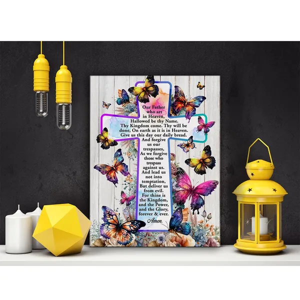 Multicolor_Inspirational_Motivational_Christian_Poster_Canvas_Wall_Art_|_For_Home_Decor_Positive_the_Lord's_Prayer_Floral_Butterflies_Cross_Canvas_Print_Painting_Framed_Gifts_-_Easel_&_Hanging_Hook_12_x_16_Inch