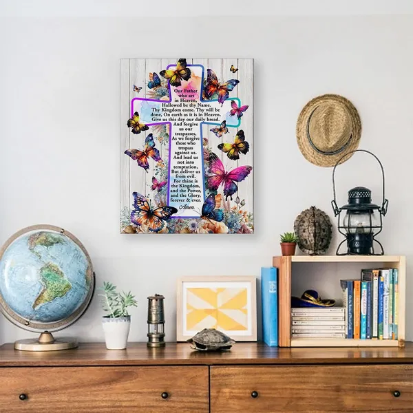 Multicolor_Inspirational_Motivational_Christian_Poster_Canvas_Wall_Art_|_For_Home_Decor_Positive_the_Lord's_Prayer_Floral_Butterflies_Cross_Canvas_Print_Painting_Framed_Gifts_-_Easel_&_Hanging_Hook_12_x_16_Inch