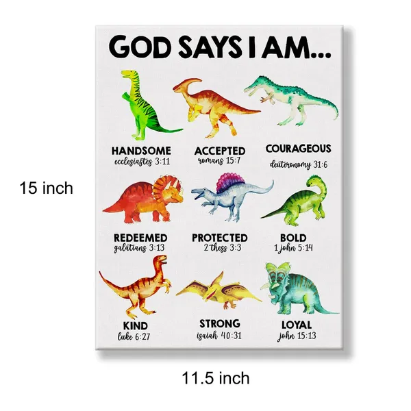 Multicolor_Inspirational_God_Says_I_Am_Dinosaurs_Poster_Canvas_Wall_Art_|_For_Home_Decor_Boy_Nursery_Christian_Dino_Canvas_Print_Painting_Ready_to_Hang_Gifts_-_Easel_&_Hanging_Hook_12_x_16_Inch
