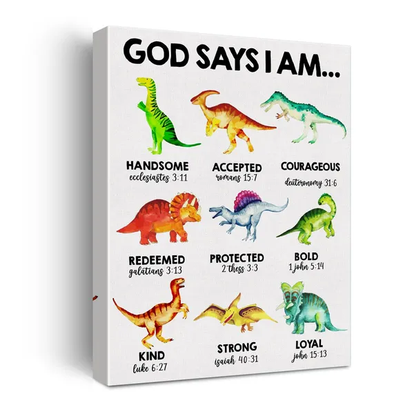 Multicolor_Inspirational_God_Says_I_Am_Dinosaurs_Poster_Canvas_Wall_Art_|_For_Home_Decor_Boy_Nursery_Christian_Dino_Canvas_Print_Painting_Ready_to_Hang_Gifts_-_Easel_&_Hanging_Hook_12_x_16_Inch