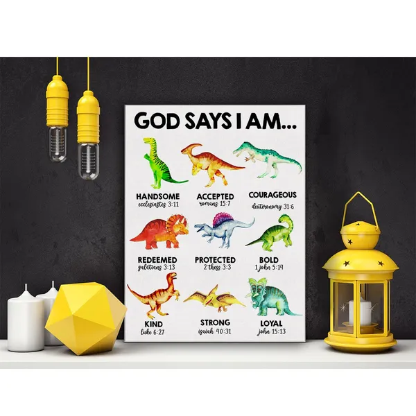 Multicolor_Inspirational_God_Says_I_Am_Dinosaurs_Poster_Canvas_Wall_Art_|_For_Home_Decor_Boy_Nursery_Christian_Dino_Canvas_Print_Painting_Ready_to_Hang_Gifts_-_Easel_&_Hanging_Hook_12_x_16_Inch