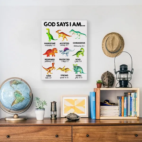 Multicolor_Inspirational_God_Says_I_Am_Dinosaurs_Poster_Canvas_Wall_Art_|_For_Home_Decor_Boy_Nursery_Christian_Dino_Canvas_Print_Painting_Ready_to_Hang_Gifts_-_Easel_&_Hanging_Hook_12_x_16_Inch