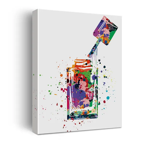 Multicolor_Nail_Polish_Bottle_Watercolor_Poster_Canvas_Wall_Art_|_For_Home/Nails_Studio/Beauty_Salon_Decor_-_Nail_Varnish_Canvas_Print_Wall_Art_Painting_Ready_to_Hang_Gifts_-_Easel_&_Hanging_Hook_12_x_16_Inch