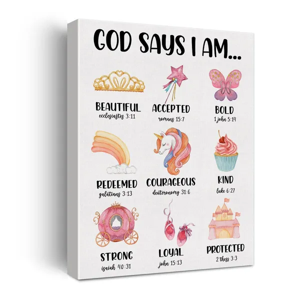 Multicolor_Inspirational_God_Says_I_Am_Girl_Nursery_Poster_Canvas_Wall_Art_|_For_Home_Decor_Cute_Pink_Christian_Positive_Affirmation_Canvas_Print_Painting_Ready_to_Hang_Gifts_-_Easel_&_Hanging_Hook_12_x_16_Inch