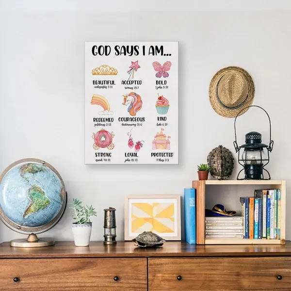 Multicolor_Inspirational_God_Says_I_Am_Girl_Nursery_Poster_Canvas_Wall_Art_|_For_Home_Decor_Cute_Pink_Christian_Positive_Affirmation_Canvas_Print_Painting_Ready_to_Hang_Gifts_-_Easel_&_Hanging_Hook_12_x_16_Inch