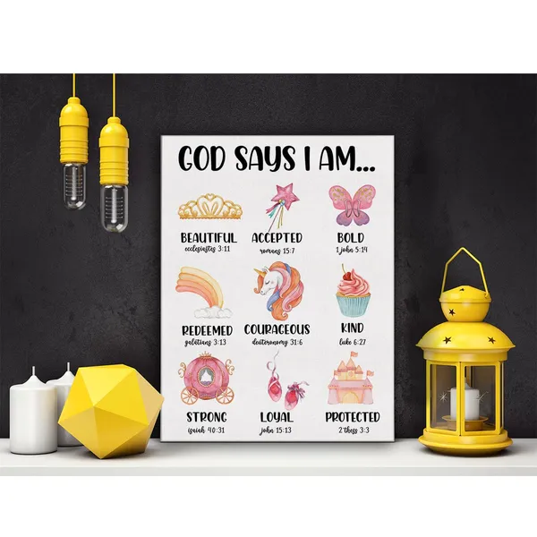 Multicolor_Inspirational_God_Says_I_Am_Girl_Nursery_Poster_Canvas_Wall_Art_|_For_Home_Decor_Cute_Pink_Christian_Positive_Affirmation_Canvas_Print_Painting_Ready_to_Hang_Gifts_-_Easel_&_Hanging_Hook_12_x_16_Inch